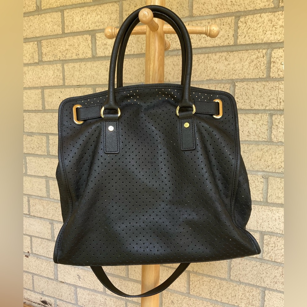 Michael Kors LARGE Black Leather Perforated Hamilton Tote Bag Gold Hardware - Picture 5 of 17